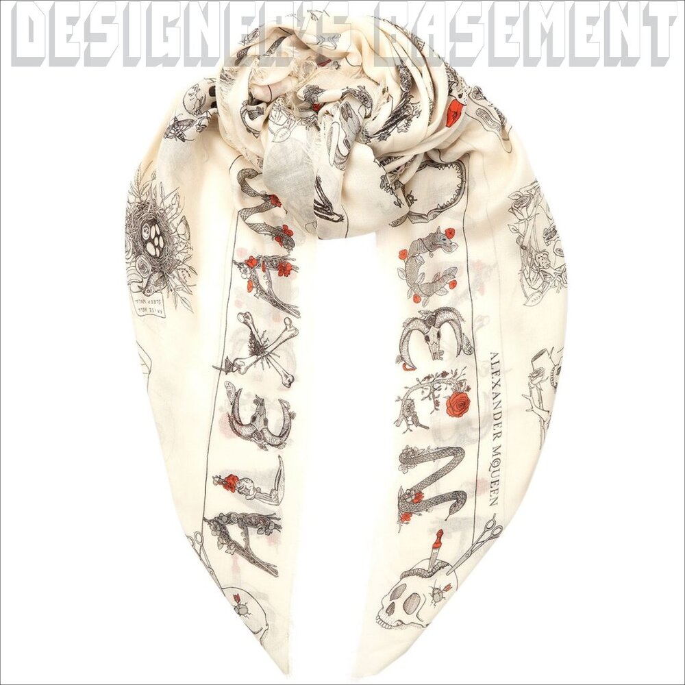 ALEXANDER MCQUEEN white letters SKULL CABINETS silk chiffon 52" sqr scarf shawl - Picture 6 of 7
